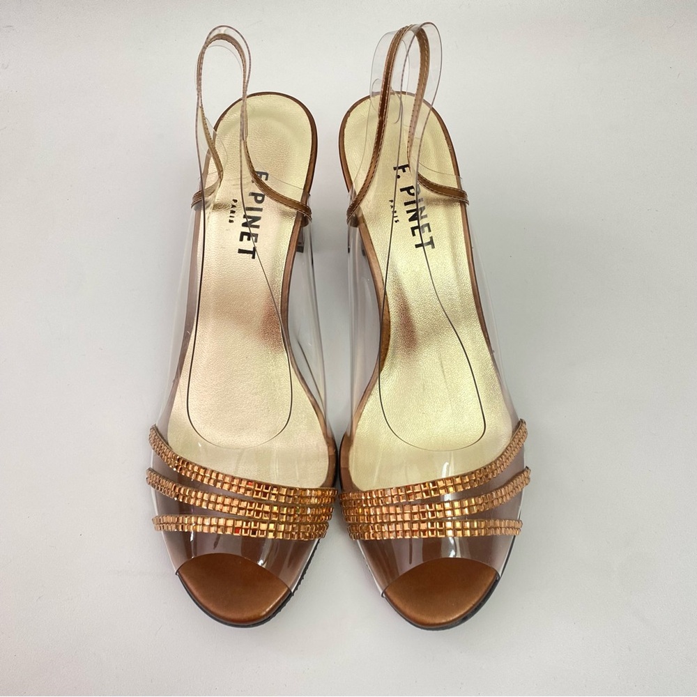 F. Pinet Paris Clear Rhinestone Slingback Peep Toe Womens Heeled Sandals Shoes 5 - Picture 10 of 16